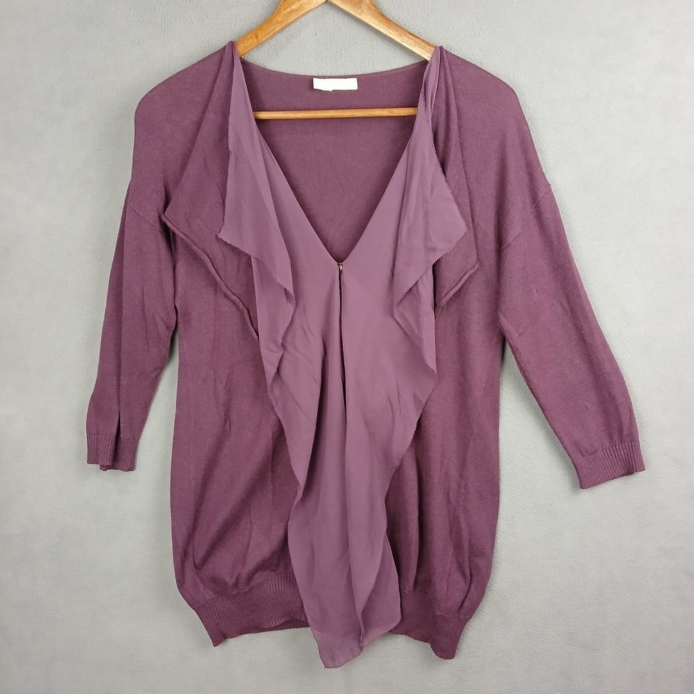 Hinge Cardigan Sweater Womens XS Purple Cotton Knit‎ V Neck Drapey Snap Front
